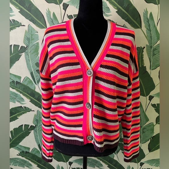 Lisa Todd Pop Cardi Neon Striped Cardigan Sweater M - Picture 1 of 9